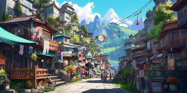 Una piccola città nelle montagne affascinante posto adorabile sulla terra nello stile di anime e manga generativa tecnologia AI