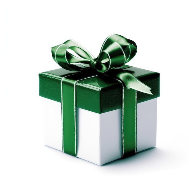 Una piccola confezione regalo verde e bianca con un nastro verde legato intorno alla parte superiore.