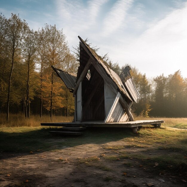 una piccola costruzione in legno con un triangolo sulla facciata.