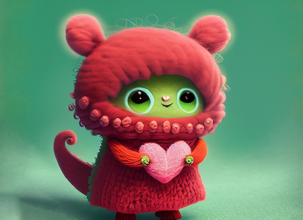 Una piccola creatura di lana di colore pastello illustrata con un cuore d'amore Un bambino mostro di una favola per bambini