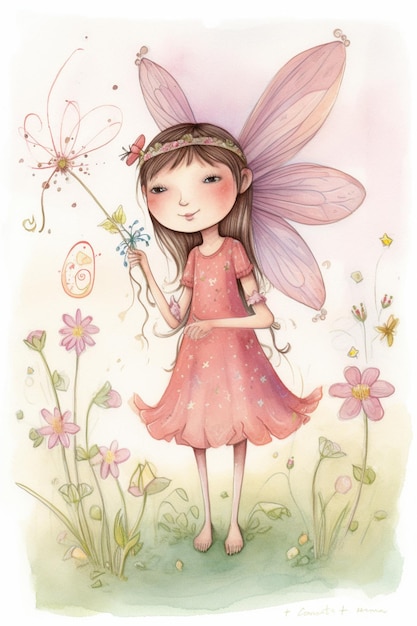Una piccola fata con un vestito rosa si trova in un campo di fiori e guarda il numero 6.