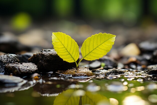 una piccola foglia verde che spunta dal terreno in una pozza d'acqua