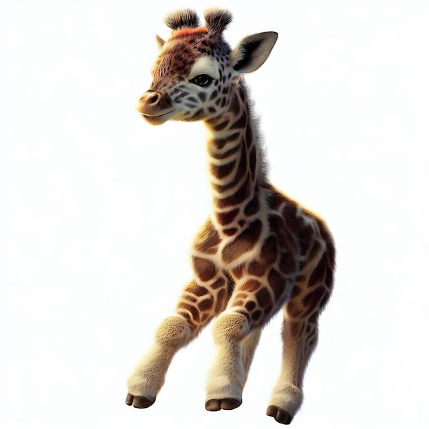Una piccola giraffa corre in stile cartone animato.