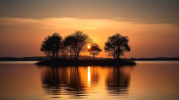 Una piccola isola con alberi su di essa con il sole che tramonta dietro di essa