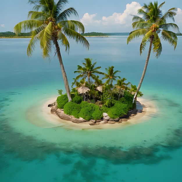 una piccola isola con le palme sull'acqua e una piccola Isola con una piccola Isoletta al centro