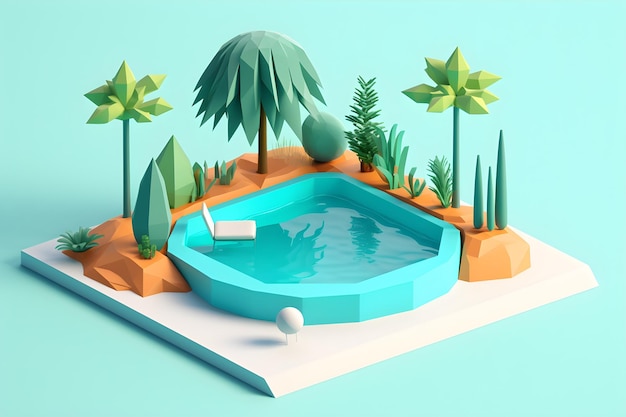Una piccola isola con piscina e palme.