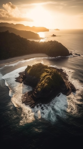 Una piccola isola con un tramonto sullo sfondo