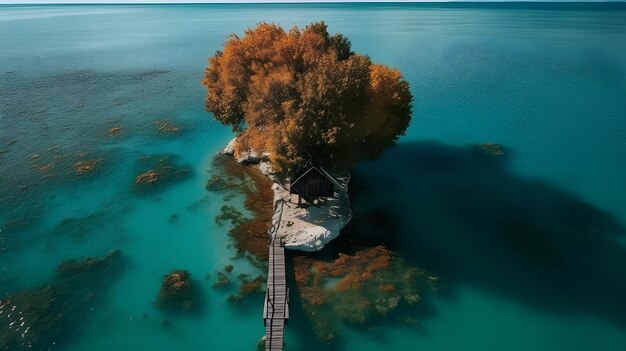 Una piccola isola con una casa sotto l'albero con oceano d'acqua blu e vista aerea