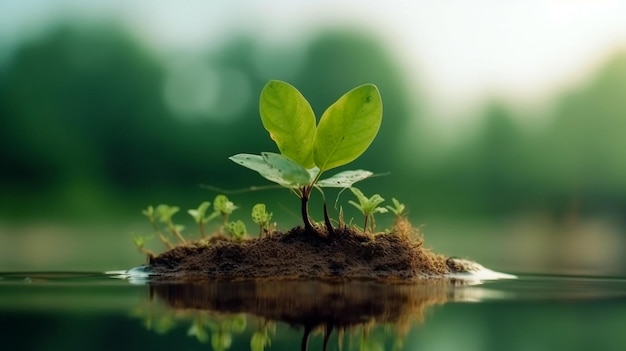 Una piccola isola con una pianta che cresce da essa salva la terra Mondo ecologico per avere un pianeta verde