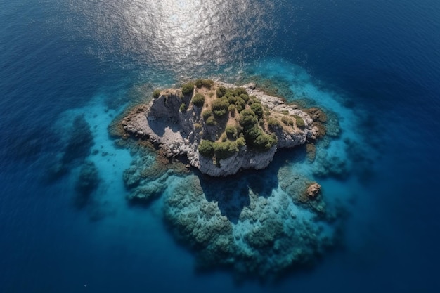 Una piccola isola nel mare con molti alberi su di essa.