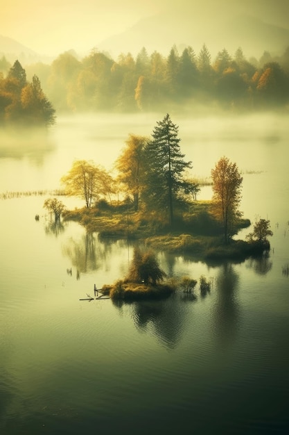 Una piccola isola nel mezzo di un lago con degli alberi