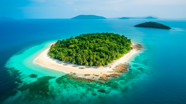 Una piccola isola nell'oceano con una spiaggia di sabbia bianca sullo sfondo.