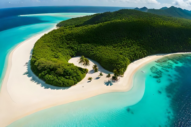 una piccola isola tropicale con una fila di alberi sul lato destro