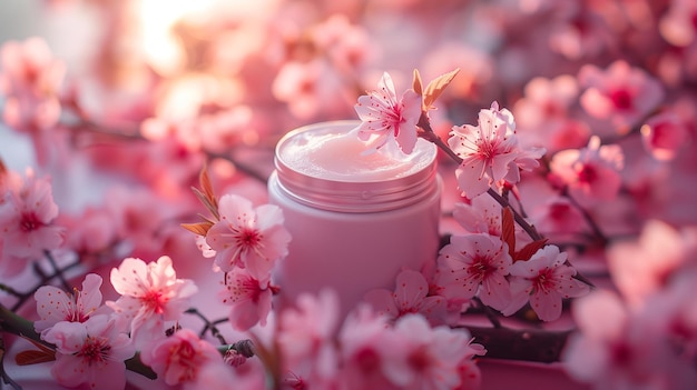 Una piccola lattina di idratante bianca sullo sfondo di alcuni fiori di ciliegio rosa
