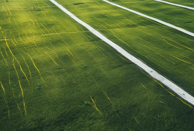 una piccola linea gialla su un campo di erba nello stile di bianco scuro e smeraldo