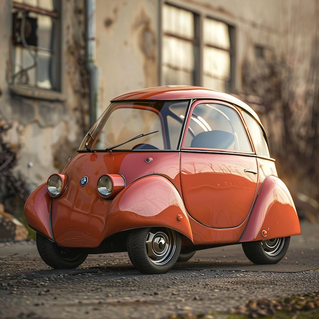 una piccola macchina arancione con la parola vw sul lato