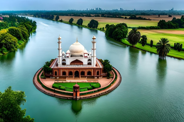 Una piccola moschea sulla riva di un fiume con un fiume in primo piano