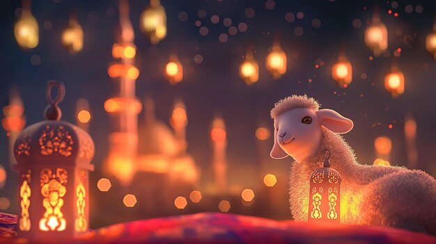 una piccola pecora è in piedi di fronte a uno sfondo illuminato dietro le lanterne della moschea islamica sfocata