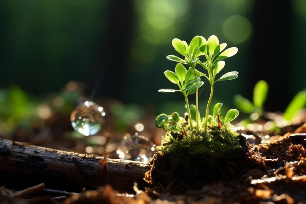 una piccola pianta che cresce dal terreno in una foresta