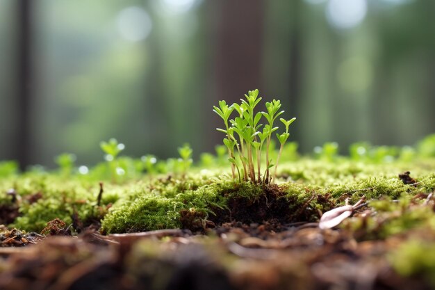 Una piccola pianta germoglia da un tronco di albero in un bosco