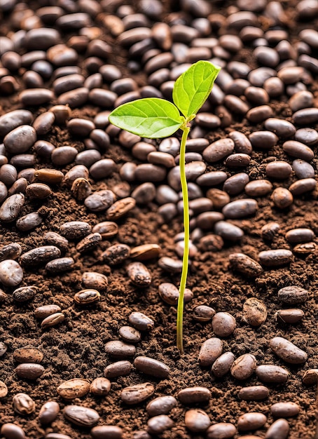 Una piccola pianta germoglia dai chicchi di caffè in un letto di chicchi di caffè.