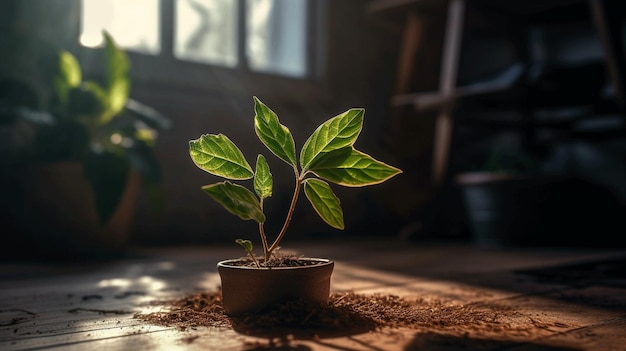 Una piccola pianta su un pavimento di legno con il sole che splende attraverso la finestra