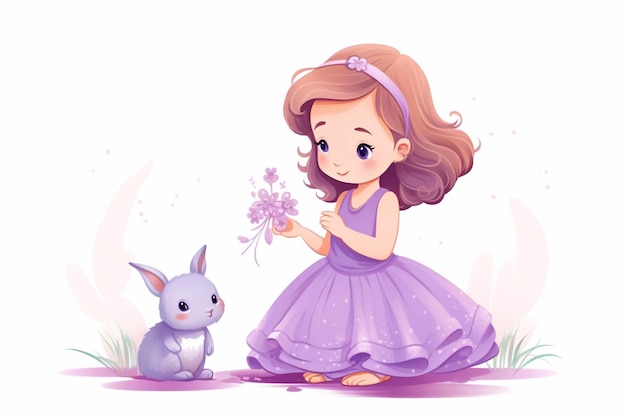 Una piccola principessa in un vestito di lilac nutre un coniglietto disegnato