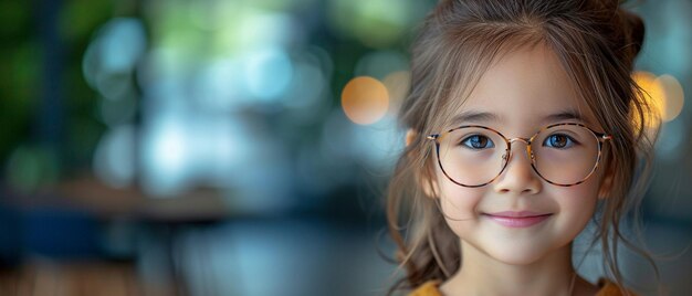 Una piccola ragazza asiatica con occhiali eleganti e un sorriso nozione di un bambino soddisfatto e sentimenti