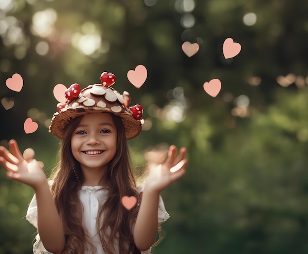 Una piccola ragazza carina di 10 anni con il viso sorridente, un fungo come un cappello sulla testa, una farfalla molto dettagliata che guarda lo spettatore, una mano a forma di cuore, cuori che galleggiano in giro.