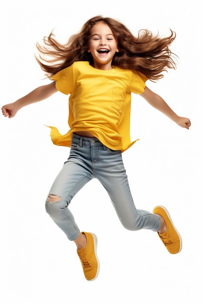 Una piccola ragazza con un vestito giallo carino che salta isolata su uno sfondo bianco