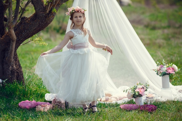 Una piccola ragazza europea bionda in un bel vestito posa vicino al paesaggio nel campo. Baldacchino, fiori, tenerezza, ghirlanda,