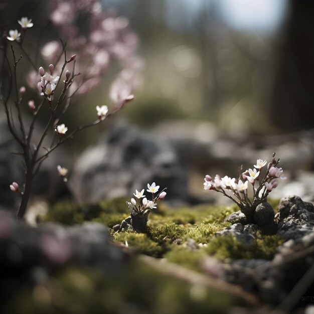 Una piccola scena forestale con piccoli fiori e muschio.