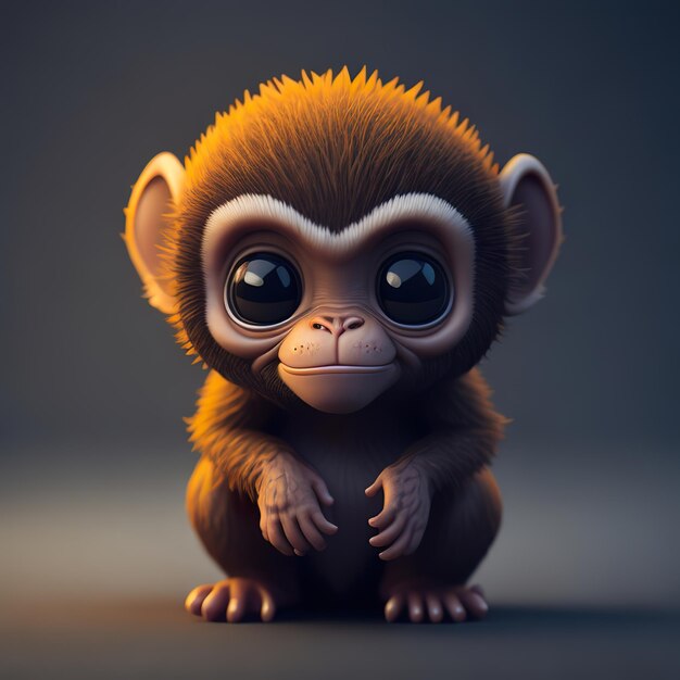 Una piccola scimmia con gli occhi grandi si siede su uno sfondo grigio.