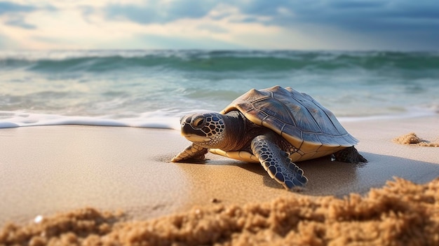 Una piccola tartaruga si imbarca nella sua traballante odissea al mare generata da Ai