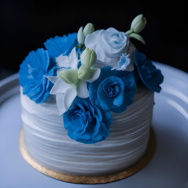 Una piccola torta con sopra dei fiori blu