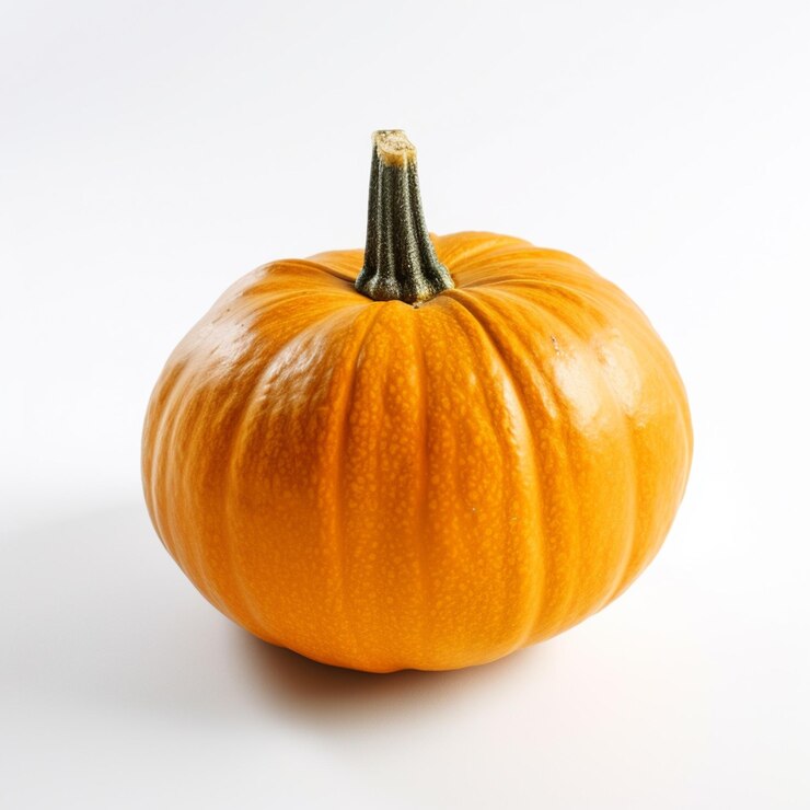 Foto una piccola zucca arancione si trova su una superficie bianca.