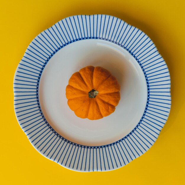 Una piccola zucca arancione su un grande piatto bianco con bordo blu e su sfondo giallo