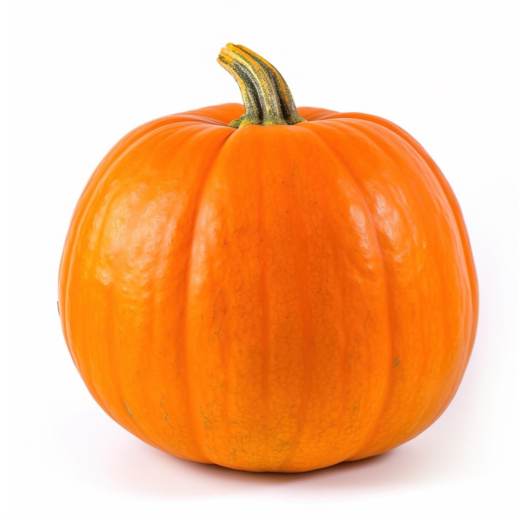 Foto una piccola zucca con un gambo verde e uno sfondo bianco.