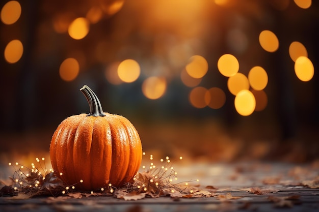 Una piccola zucca su uno sfondo bokeh sfocato