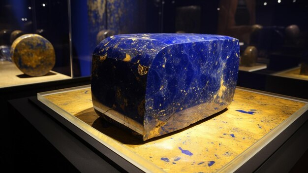 Una pietra blu è su un tavolo con polvere d'oro.