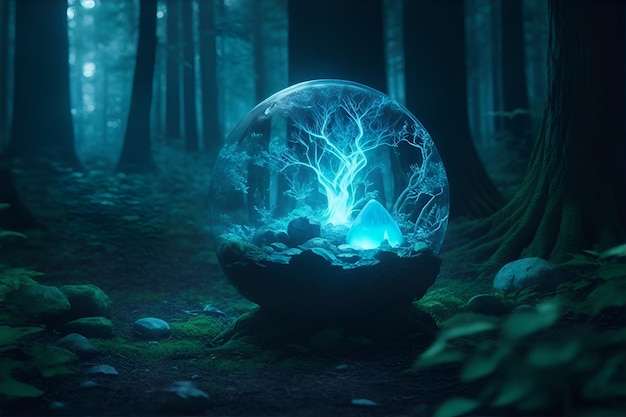 Una pietra magica nella foresta di notte