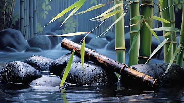 Una pietra nera nel fiume con bambù verde generato dall'AI