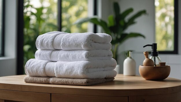 Una pila di asciugamani bianchi su un tavolo in un bagno bianco in stile scandinavo sullo sfondo
