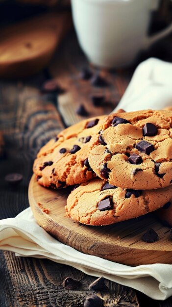 Una pila di biscotti al cioccolato americano poggia su un taglio di legno