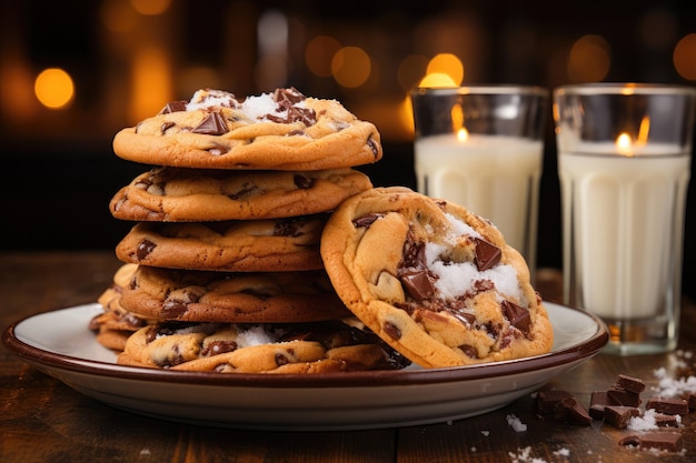 Una pila di biscotti al cioccolato con un bicchiere di latte sullo sfondo.