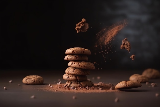 Una pila di biscotti al cioccolato con una polvere di cioccolato in cima