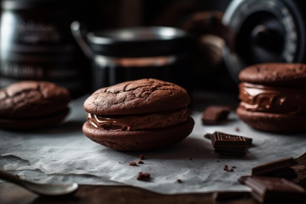 Una pila di biscotti al cioccolato con uno che dice il cioccolato di Hershey