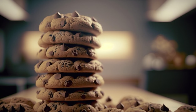 Una pila di biscotti con gocce di cioccolato in cima