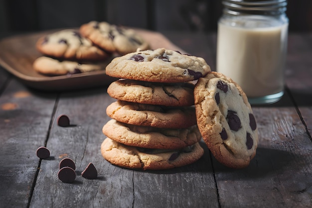 Una pila di biscotti di cioccolato fatti in casa su un tavolo di legno generato digitalmente