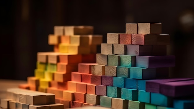 Una pila di blocchi di legno con i colori dell'arcobaleno in alto.